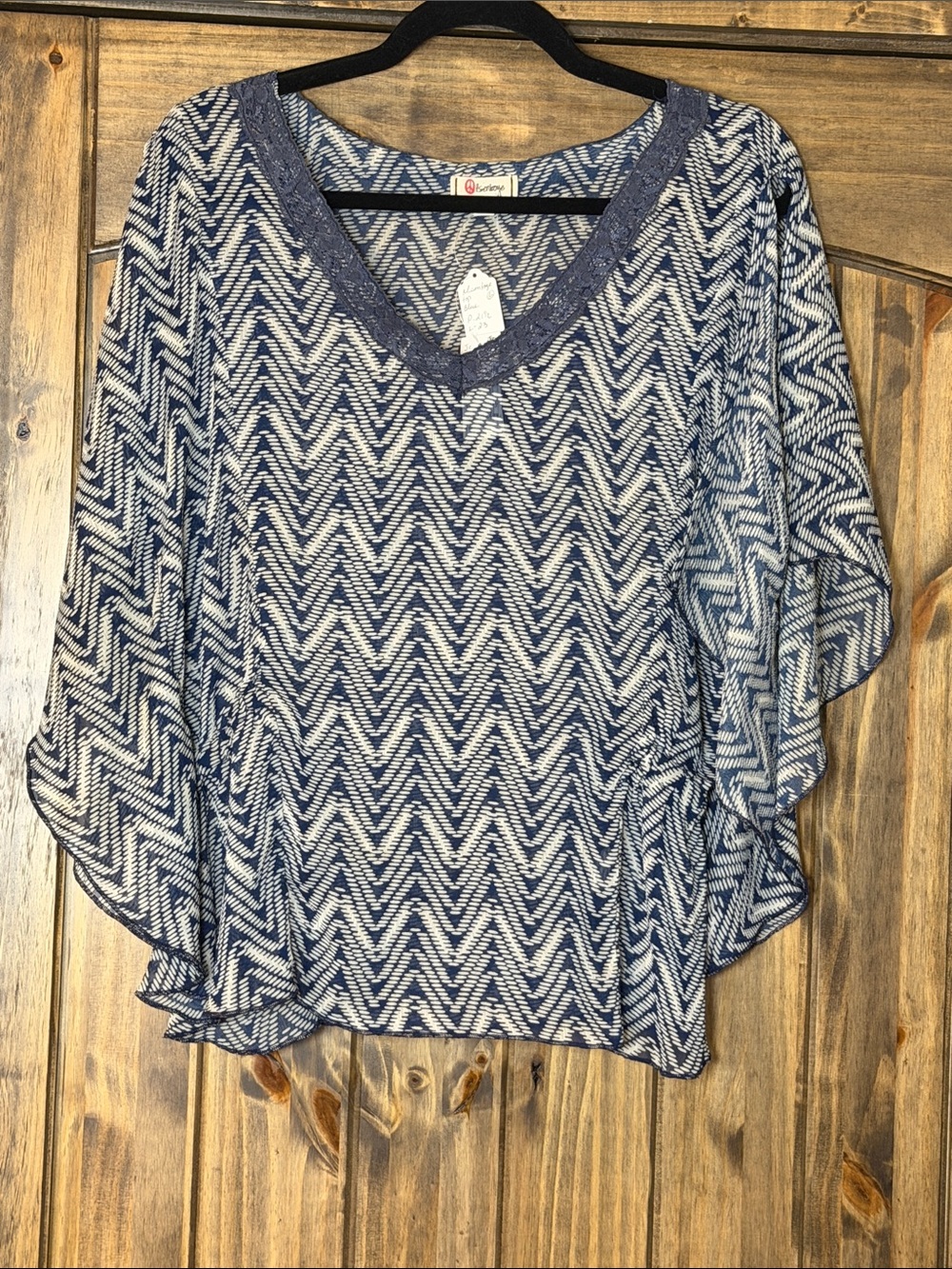 Olsenboye Navy and White Chevron V-Neck Pullover Blouse